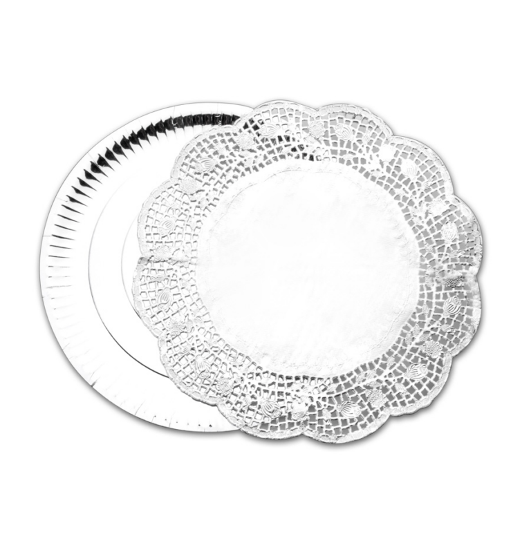 Taartonderlegger papier sier en tray zilverkleur 3 + 3 stuks